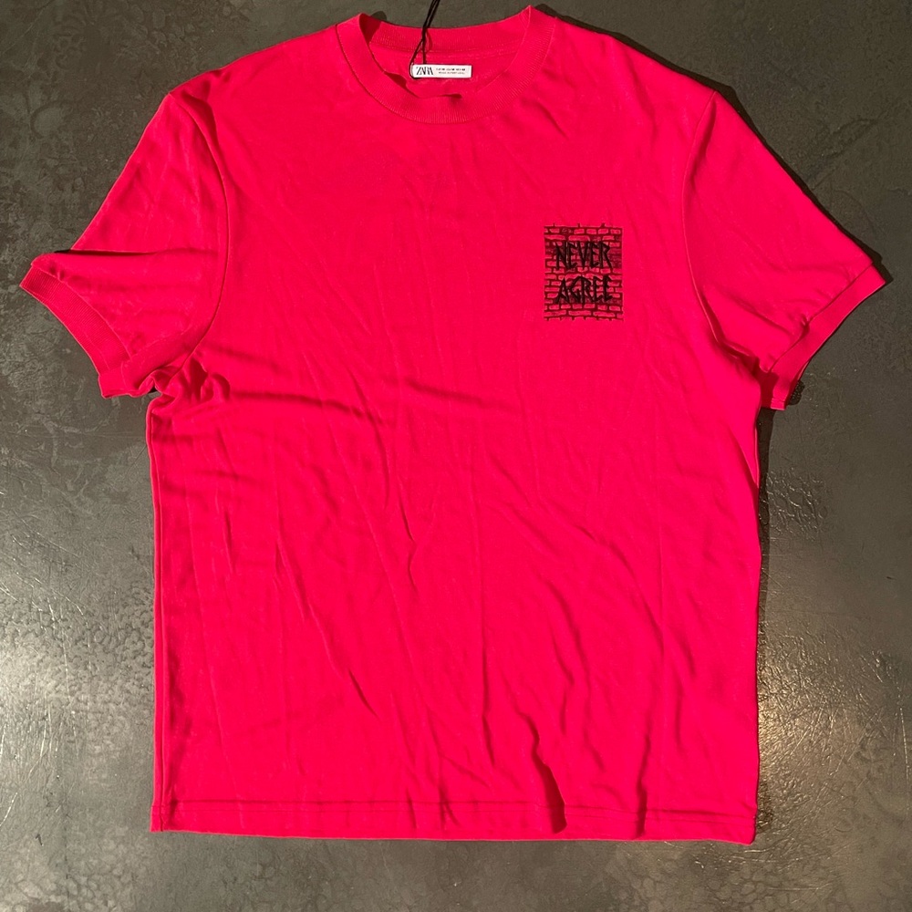 Zara Vivid RED Graphic Short Sleeve Tee NEVER AGREE